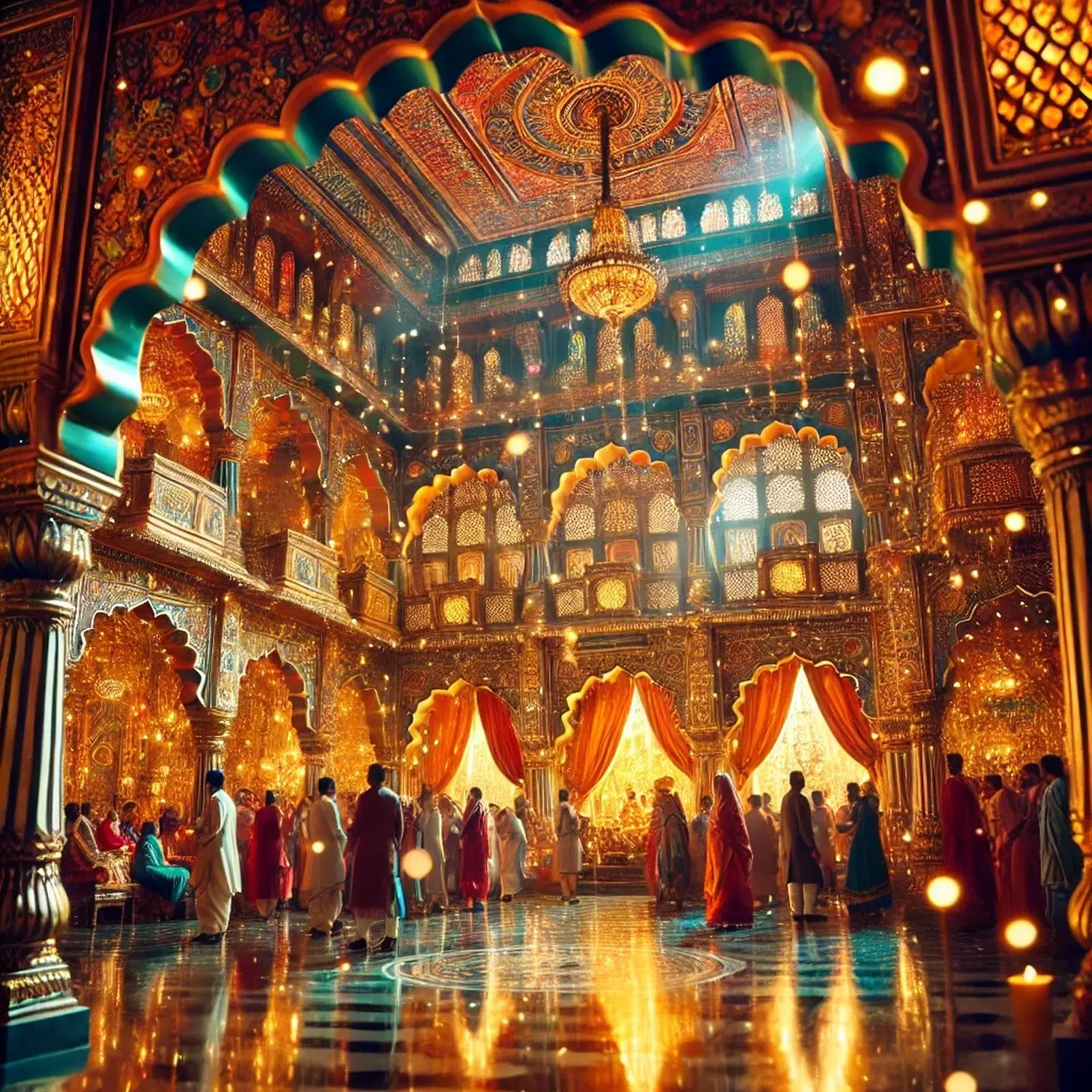 Eine aufwendige Hochzeitsfeier, vermutlich im Rahmen der hochkarätigen Hochzeitsfeierlichkeiten von Anant Ambani und Radhika Merchant in Jamnagar, Gujarat. von MAGIC TAROT