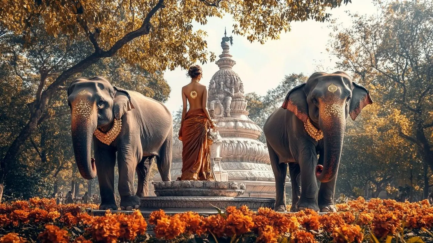 Eine Szene, die wahrscheinlich von buddhistischen Themen inspiriert ist. Sie zeigt eine zentrale Figur, die einem Mönch oder einer Gottheit ähnelt, flankiert von zwei Elefanten, in einer Umgebung mit einer stupaartigen Struktur und üppigem Laub. von MAGIC TAROT